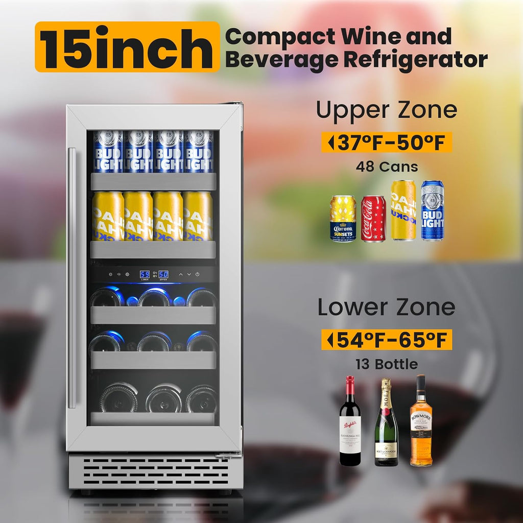 15 Inch Wine and Beverage Refrigerator,13 Bottle & 48 Cans Dual Zone Beverage Fridge with Reversible Glass Door,Freestanding/Under Counter Wine Fridge with 360 Air Cooling for Home Bar Office