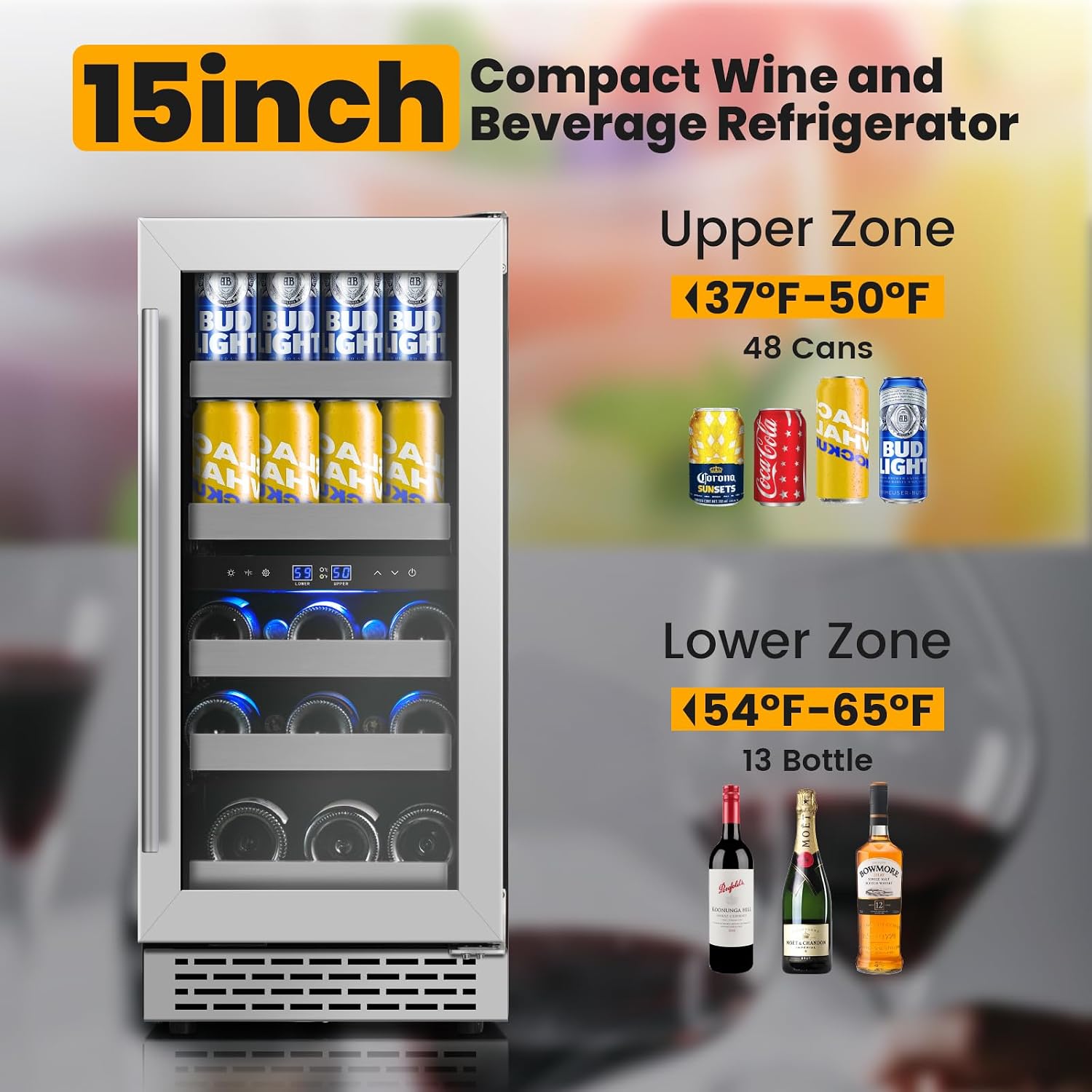 15 Inch Wine and Beverage Refrigerator,13 Bottle & 48 Cans Dual Zone Beverage Fridge with Reversible Glass Door,Freestanding/Under Counter Wine Fridge with 360 Air Cooling for Home Bar Office