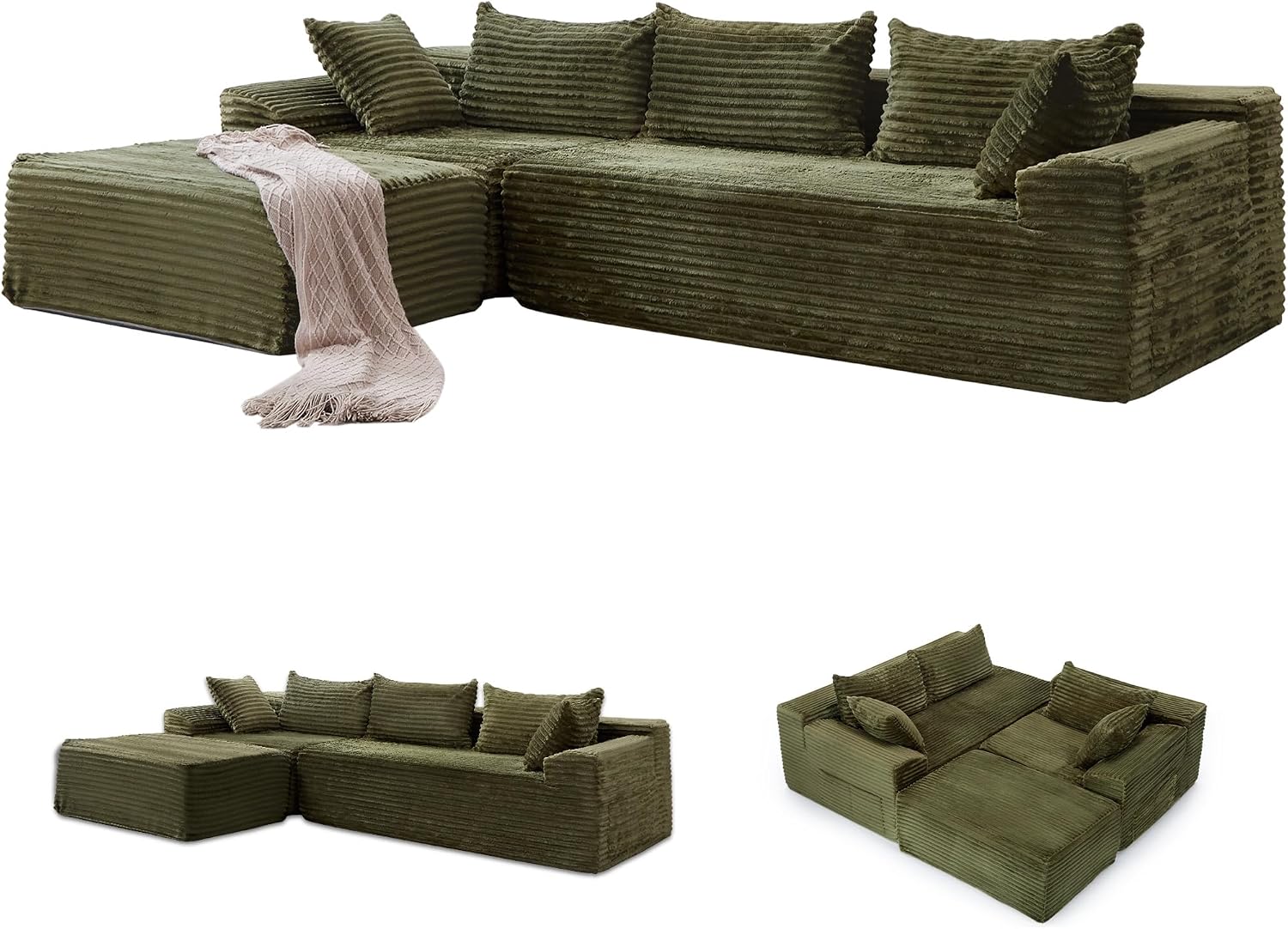 Korser 110' L-Shaped Modular Sectional Sofa with Chaise, Boneless Comfy Corduroy Fluffy Couch with Deep Seat and Side Pockets, Flexible Module Combination for Living Room, No Assembly, Side Pockets