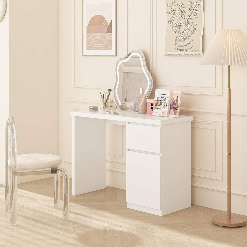 furtble White Desk with Drawers, 43 Inch Small Cute Desk for Bedroom, Home Office PC Desks Workstation Study Table Desks with Storage, White