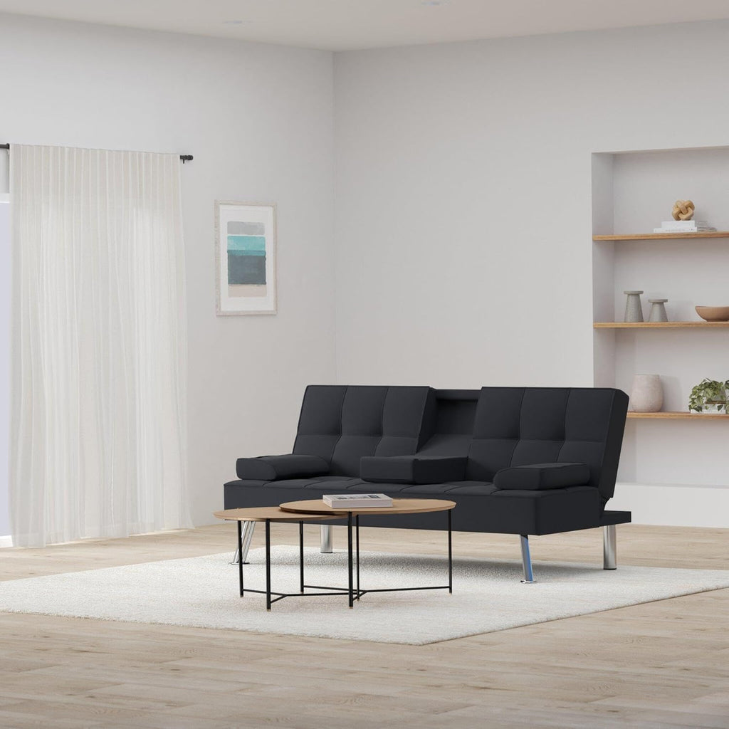 Best Choice Products Linen Modern Folding Futon, Reclining Sofa Bed for Apartment, Dorm w/Removable Armrests, 2 Cupholders - Black
