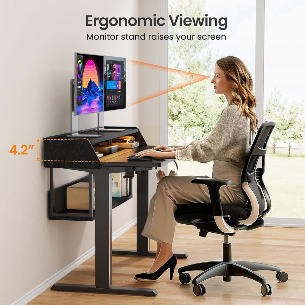 ErGear Electric Standing Desk, 55x28 Inch Adjustable Sit Stand Desk with Bookshelf & Monitor Stand, Standing Gaming Desk with LED Light Strip, Stand Up Desk for Home Office, Black