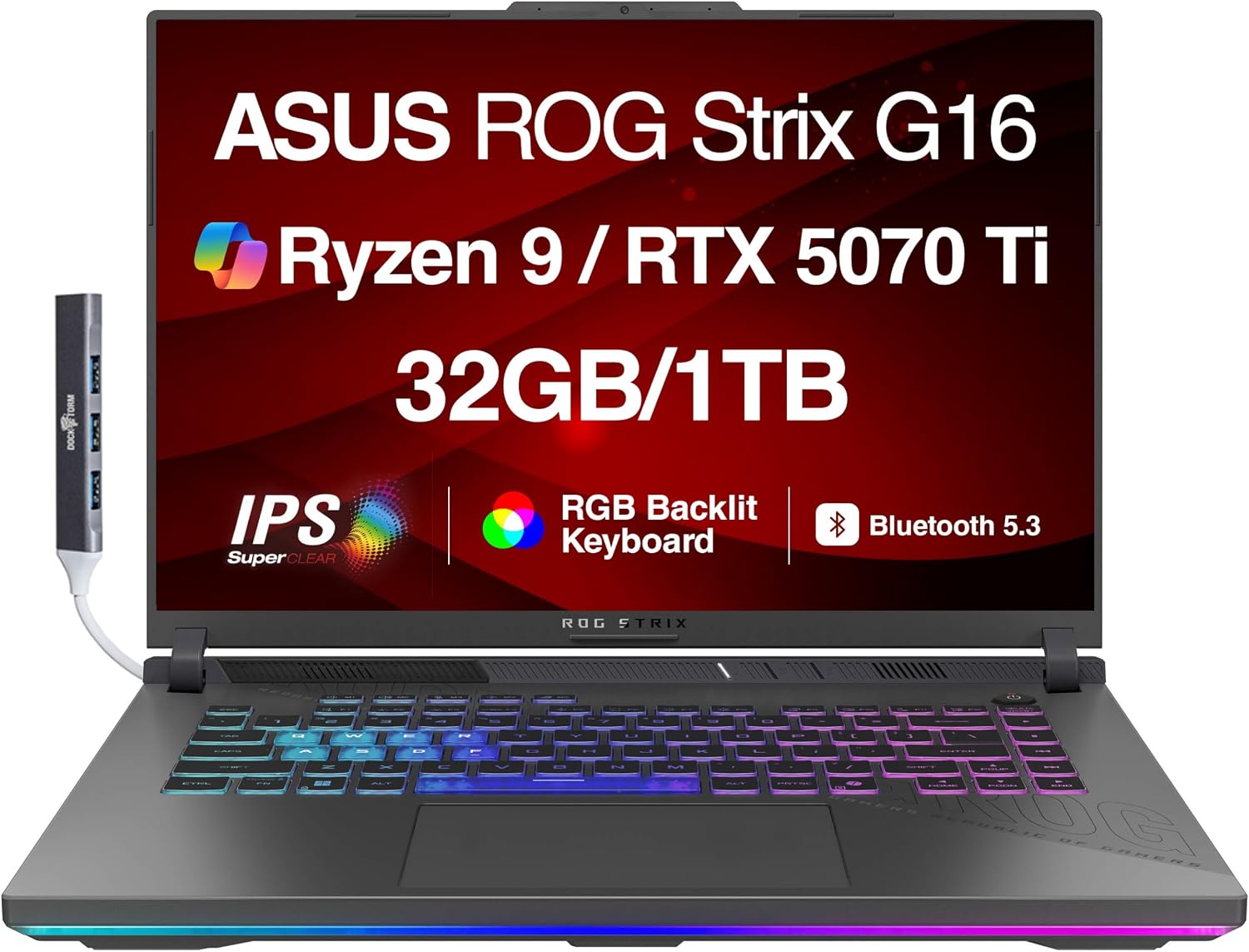 ASUS ROG Strix G16 G614 AI Gaming Laptop 16.0' 165Hz IPS WUXGA Display (AMD Ryzen 9 8940HX, GeForce RTX 5070 Ti 12GB, 32GB DDR5, 1TB PCIe SSD, RGB KB, Win 11 Pro) w/DKZ USB Hub - G614PR-G16.R95070TI