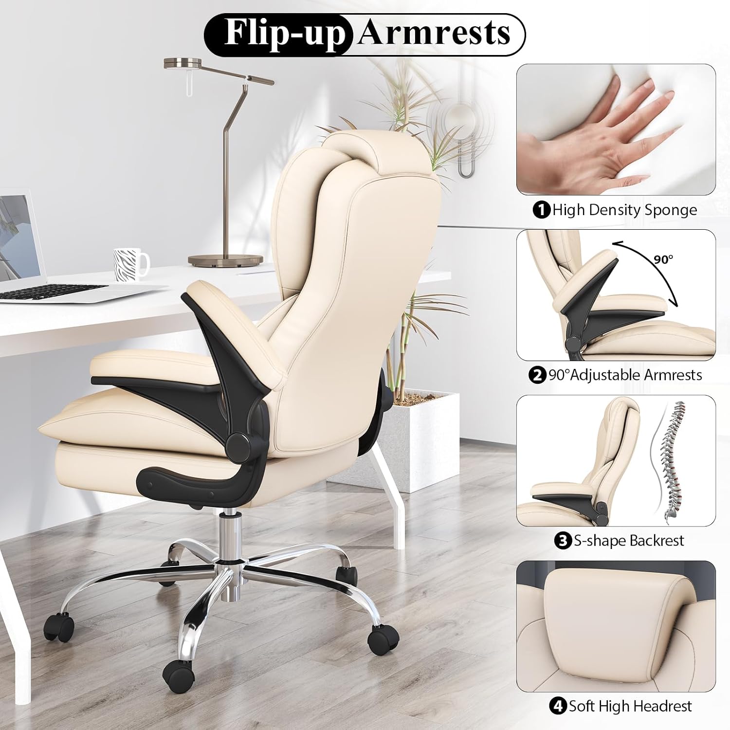 Office Desk Chair, Executive Leather Office Chair, High Back Ergonomic Home Desk Chair with Padded Flip-up Arms, Big and Tall Computer Chair with Rocking Function, 360°Swivel Free, Beige