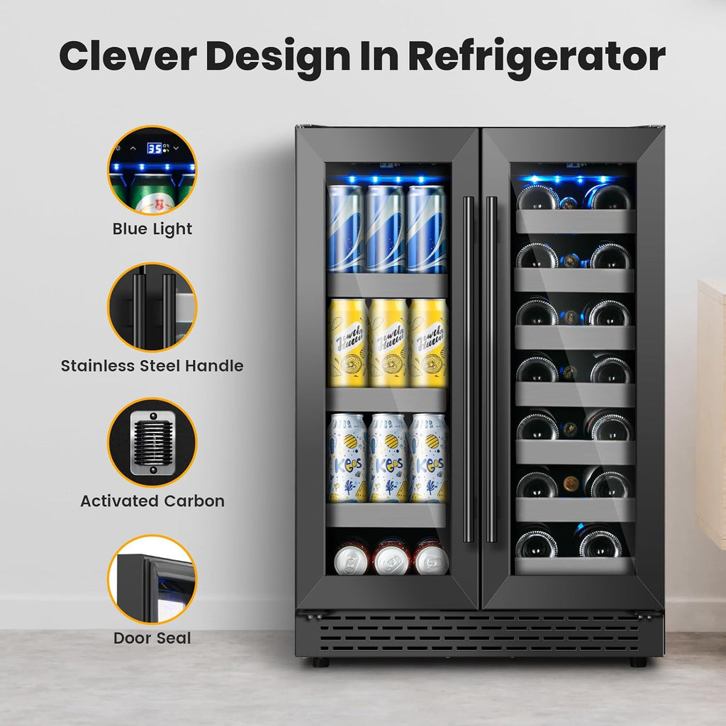 24 Inch Black Dual Zone Wine Fridge,20 Bottle & 88 Cans Wine and Beverage Refrigerator with Glass Door,Undercounter&Freestanding Stainless Steel Handle Wine Cooler Refrigerator for Home,Party