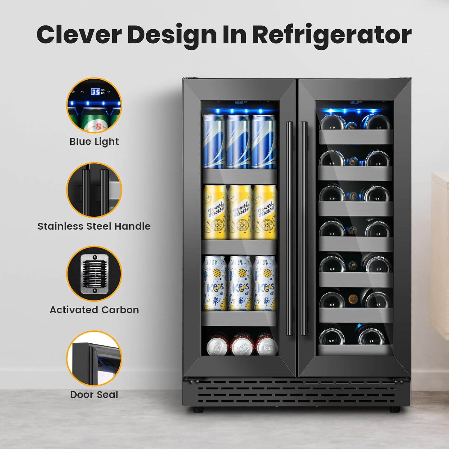 24 Inch Black Dual Zone Wine Fridge,20 Bottle & 88 Cans Wine and Beverage Refrigerator with Glass Door,Undercounter&Freestanding Stainless Steel Handle Wine Cooler Refrigerator for Home,Party