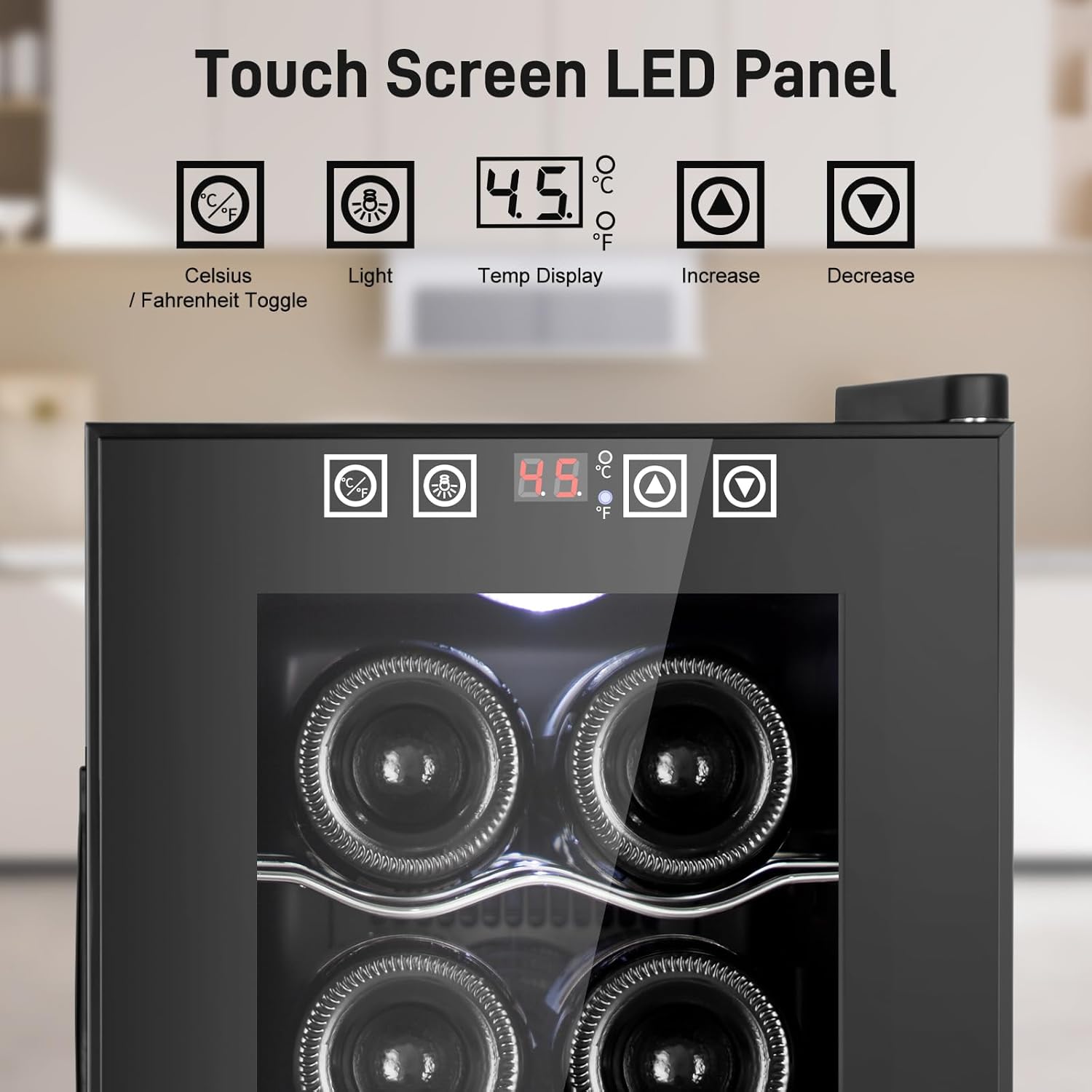 Tylza 8 Bottles Wine Fridge, Wine Cellar with Low-E Tempered Glass Door, LED Touchscreen, Lock, Frost Free, No Vibration, Wine Cooler Refrigerator for Red, White, Champagne or Sparkling Wine, Black