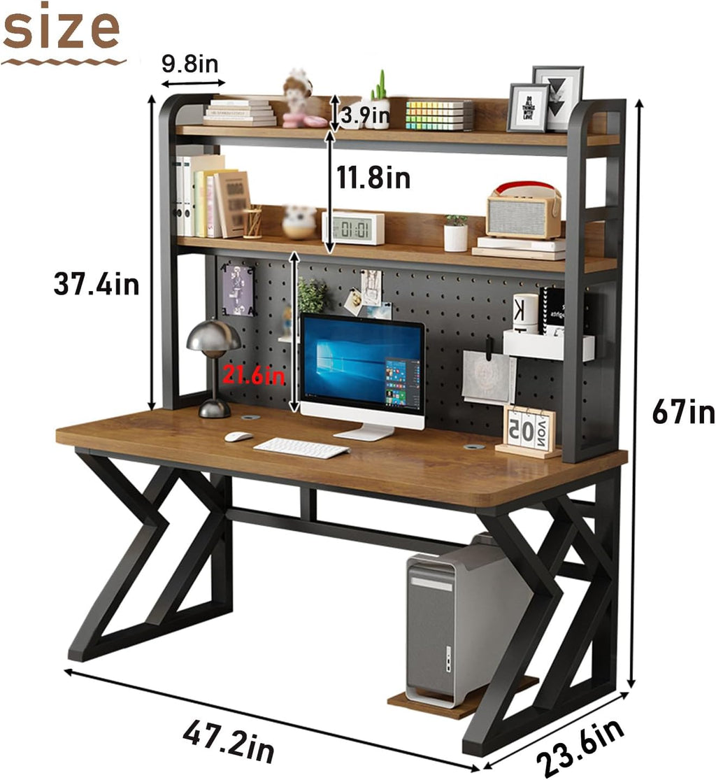 47.2in Computer Desk with Pegboard, Gaming Desk with Storage Shelves, PC Gamer Workstation Desk, Modern Study Writing Table for Home Office Bedroom (Brown, 47.2in/120cm)
