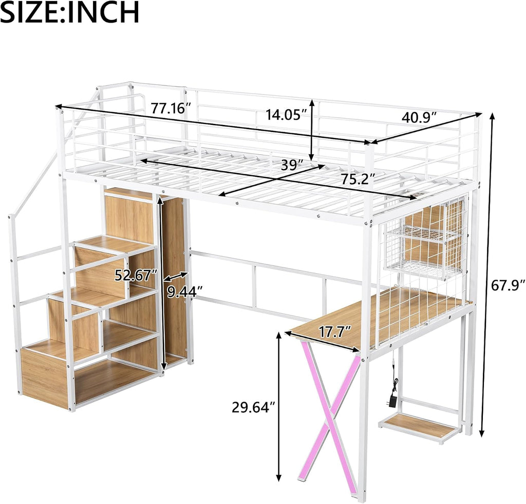 Harper & Bright Designs Twin Size Loft Bed with Storage Staircase, Work Station, Wardrobe and LED, Metal Loft Bed Twin Size for Kids Teens Adults,White