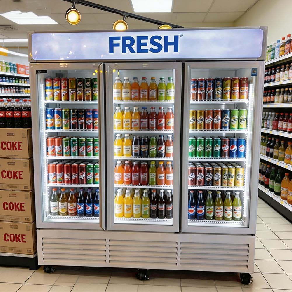 Commercial Refrigerator Floral Beverage Display Cooler,3 Glass Doors Commercial Flowers Fridge With LED Light 9 Adjustable Shelves,ETL Approval,71' Wide,63.5 Cuft,White,(Wheel Included)