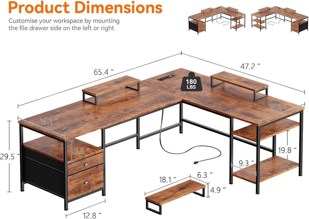 Furologee 66' L Shaped Desk with Power Outlet, Reversible Home Office Desk with File Drawer, 2 Monitor Stands, Storage Shelves, Corner Computer Table for Gaming, Writing, Rustic Brown