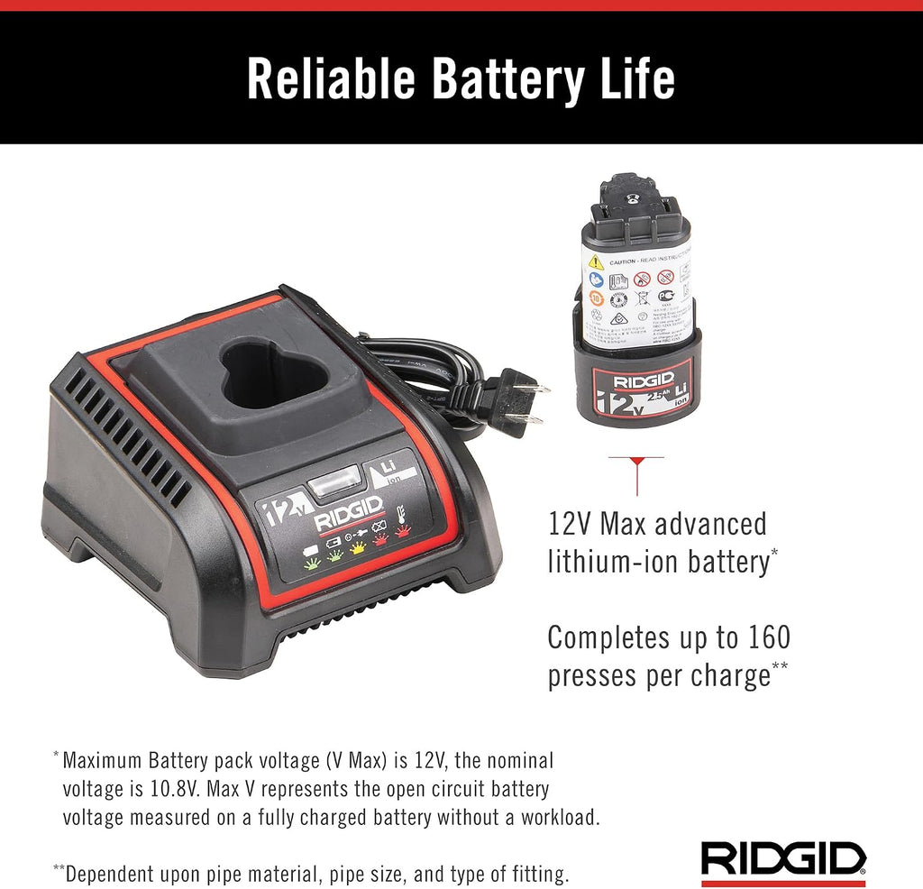 RIDGID 72558 Model RP 115 Mini Press Tool and Battery Kit with 1/2' to 3/4' ProPress and PureFlow Press Tool Jaws, 2V Li/Ion Battery, 12V Charger, and Carrying Case