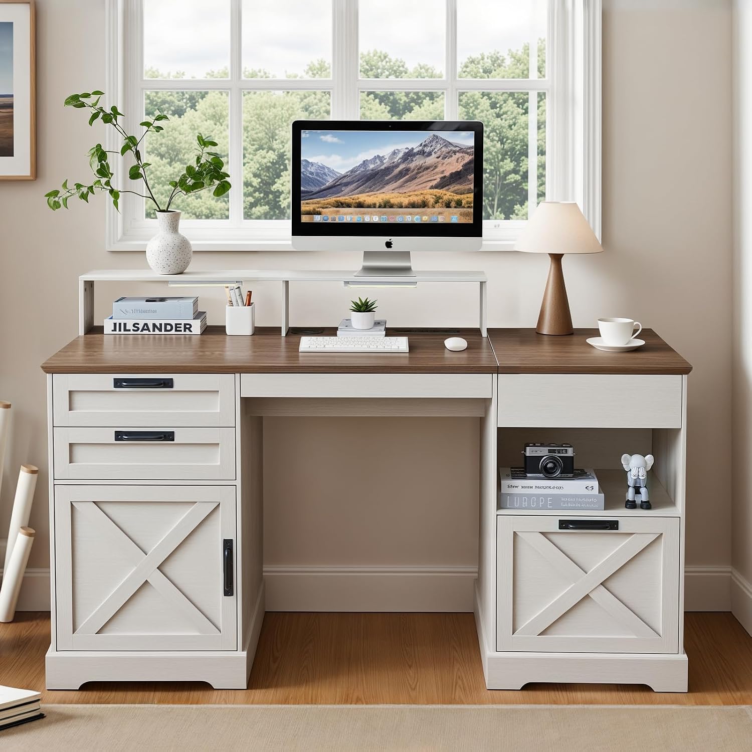 Executive Desk with File Storage Drawer, 63' Lift Top Farmhouse Home Office Gaming Desk with Charging Station, 3 Drawers Sensor Lights Wood Computer Table with Monitor Stand, Antique White