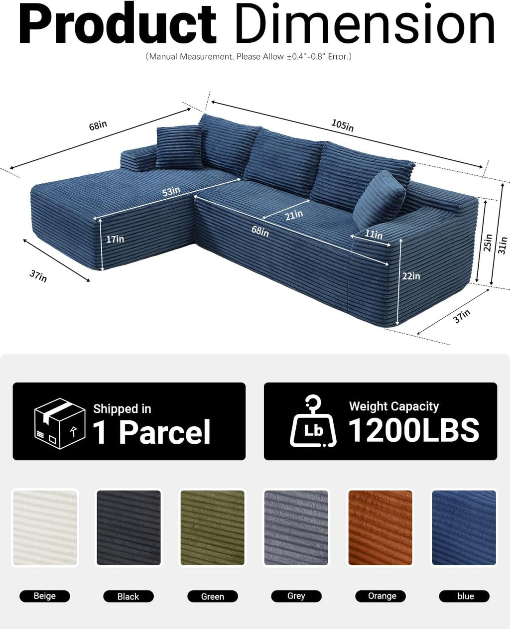 108' Cloud Sectional Couch,Modern Modular Sectional Sofa with Deep Seat,Corduroy Boneless Couches with L-Shape Chaise for Living Room,No Assembly Required (Blue, Left Facing Chaise)