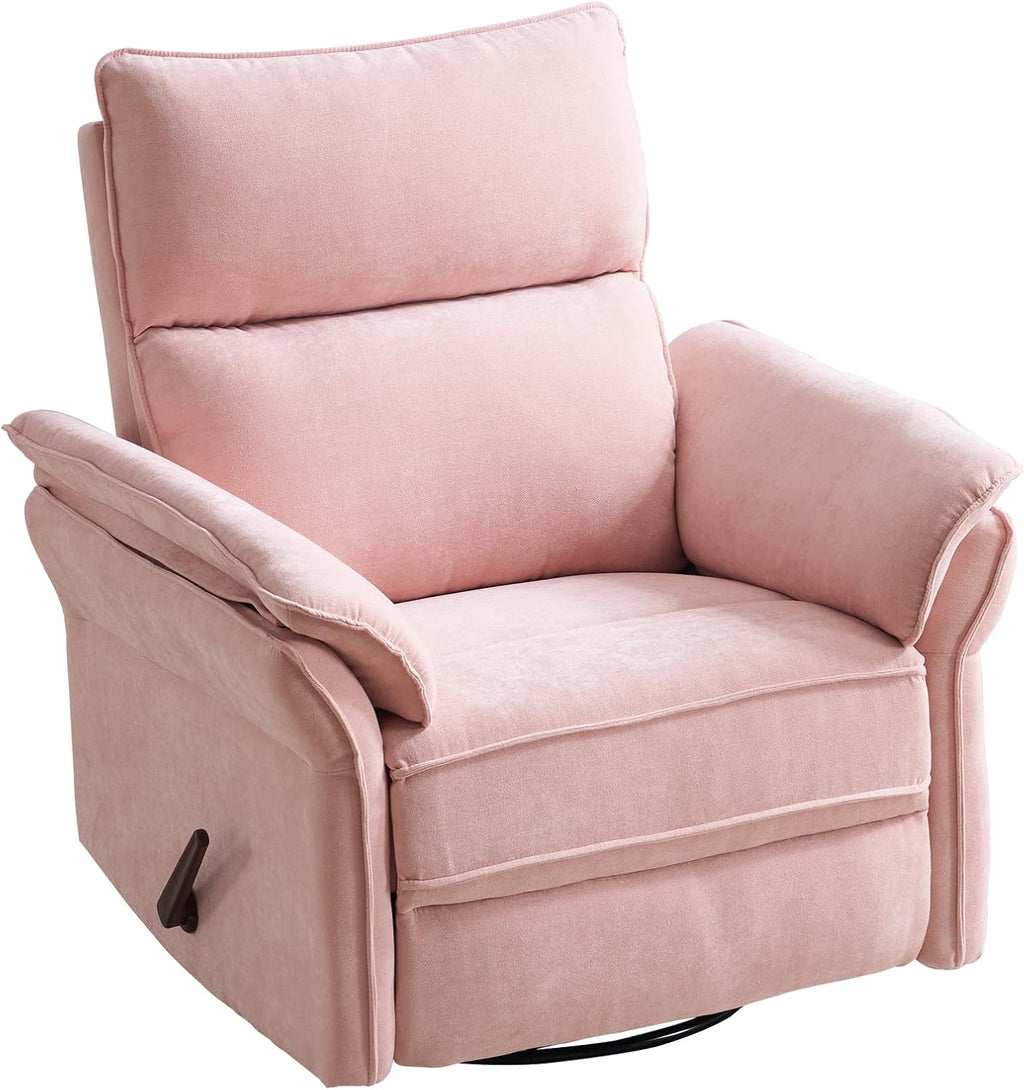 Swivel Rocker Recliner with Adjustable Headrest,Upholstered Glider Rocker Recliner with Overstuffed Armrest,Manual Recliner Nursery Chair for Living Room,Pink