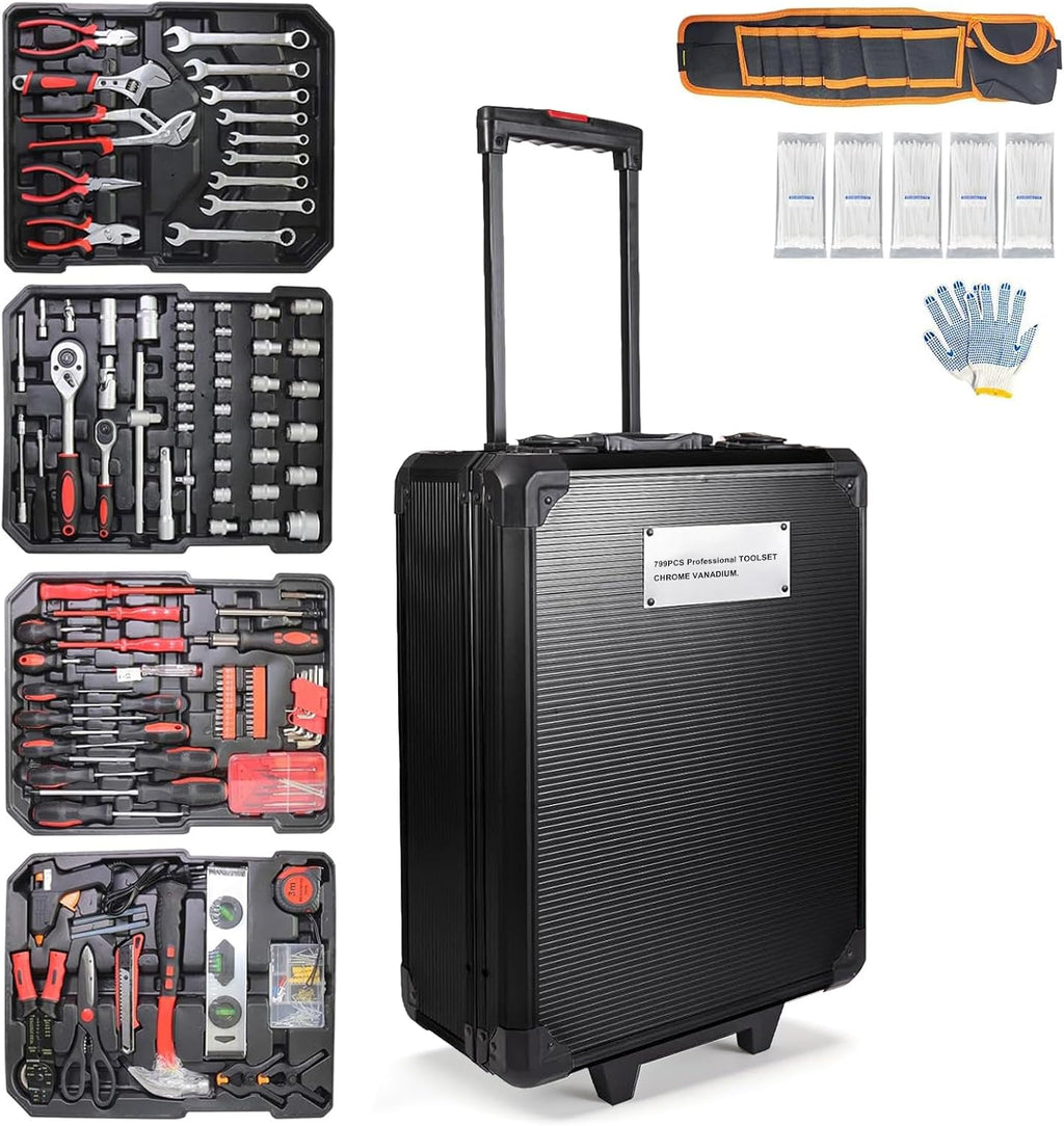 Arcwares 799pcs Aluminum Trolley Case Tool Set Silver, House Repair Kit Set, Household Hand Tool Set, with Tool Belt,Gift on Father's Day (Black)