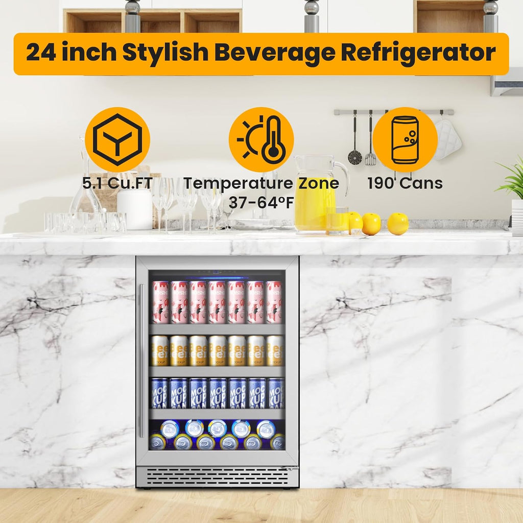 24 Inch Beverage Refrigerator,190 Cans Freestanding/Under Counter Beverage Fridge with Glass Door,Air Cooling Wine Beverage Cooler with Reversible Door,Memory Function for Wine,Beer and Soda