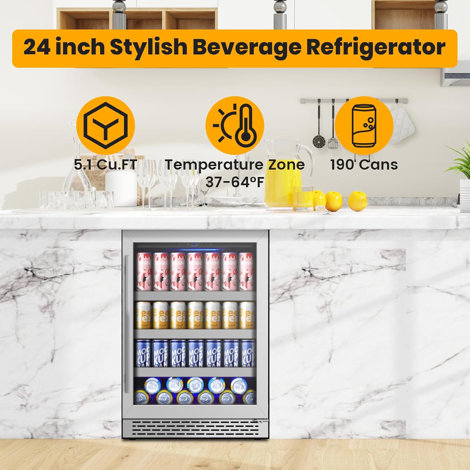 24 Inch Beverage Refrigerator,190 Cans Freestanding/Under Counter Beverage Fridge with Glass Door,Air Cooling Wine Beverage Cooler with Reversible Door,Memory Function for Wine,Beer and Soda