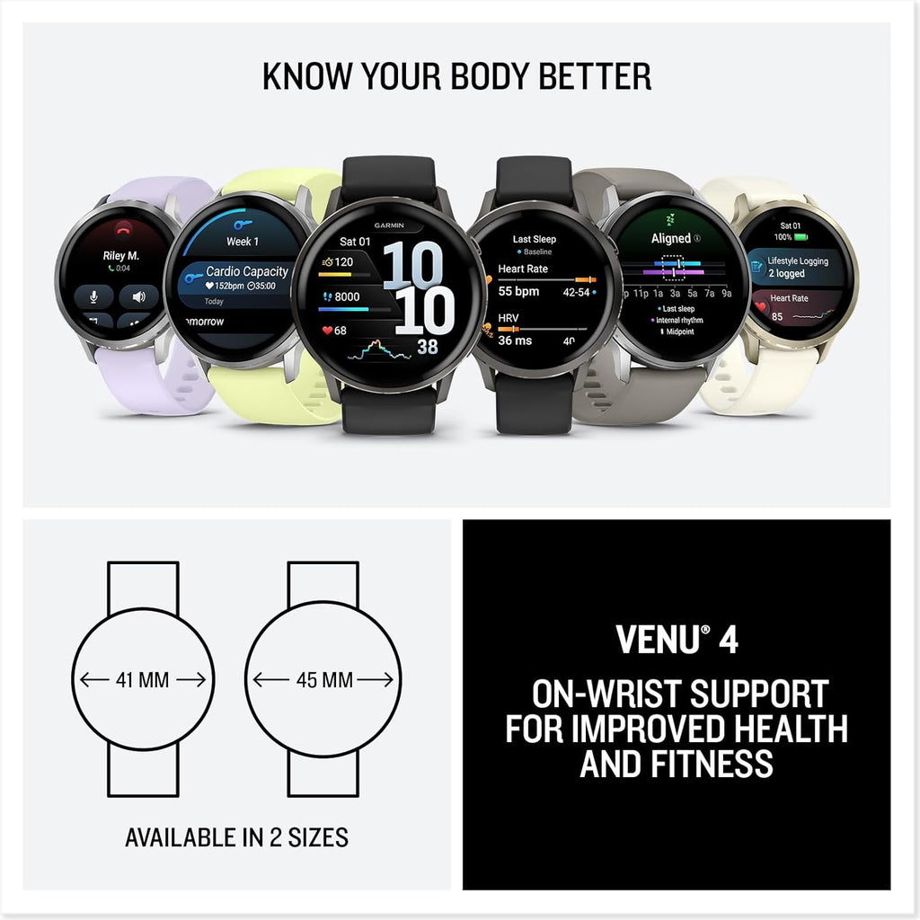 Garmin Venu® 4, 45mm, Advanced Health and Fitness GPS Smartwatch, Bright and Colorful Display, Built-in Flashlight, 12 Days of Battery Life, Silver with Silver Gray Silicone Band