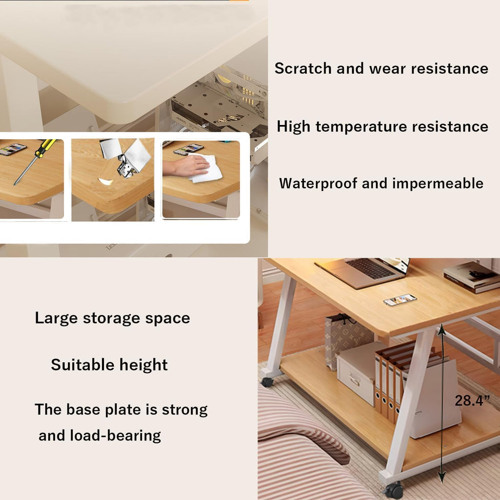 39.4 Inch Compact Rolling Computer Desk with Tier Worktable & Lockable Wheels, Small Computer Desk, Small Desk for Bedroom, Mobile Writing Workstation Easy Assembly for Home Office Small Spaces