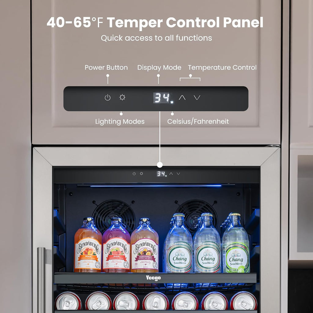 Yeego Beverage Refrigerator & Drink Fridge - 24 inch 238 Cans Beer Cooler with Glass Door, 34-54℉ Built-in or Freestanding Refrigerator with Door Lock, For Drink Soda Wine and Kitchen, Bar or Office