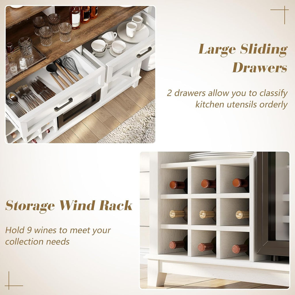 LUXOAK Farmhouse Coffee Bar Cabinet with Beverage Refrigerator Cooler, 47' Rustic Wine Bar Cabinet w/15 Mini Fridge, Barn Door & Glass Racks, Kitchen Hutch Buffet Table w/Drawer, Dining Room, White