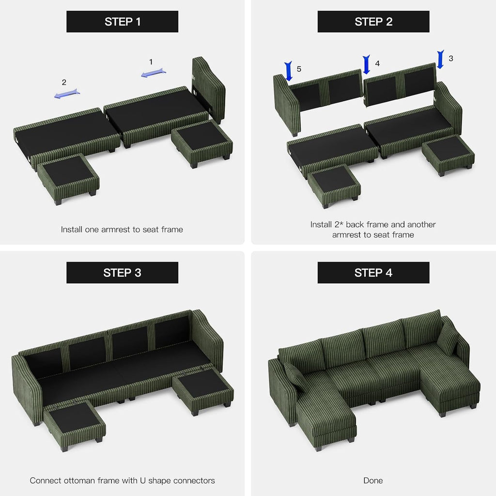 Belffin U Shaped Couch with Reversible Chaises Sectional Couches for Living Room Sectional Couch with Ottomans Corduroy (Green, U Shaped)