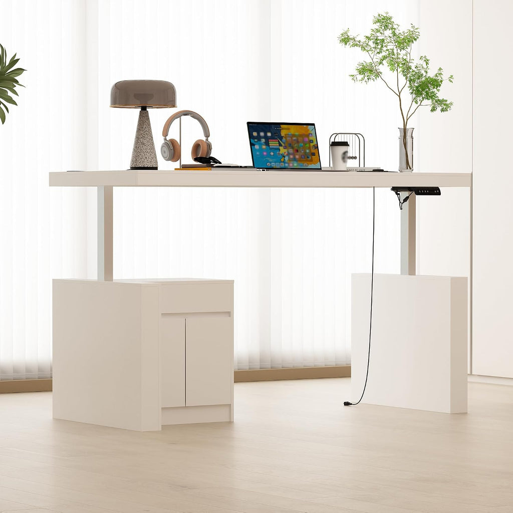 70.9' W Height Adjustable Standing Desk with Drawers & Cabinet, Electric Stand up Desk with Storage, I Shaped Home Office Table Corner Computer Workstation, White (29.5'-44.1' H)