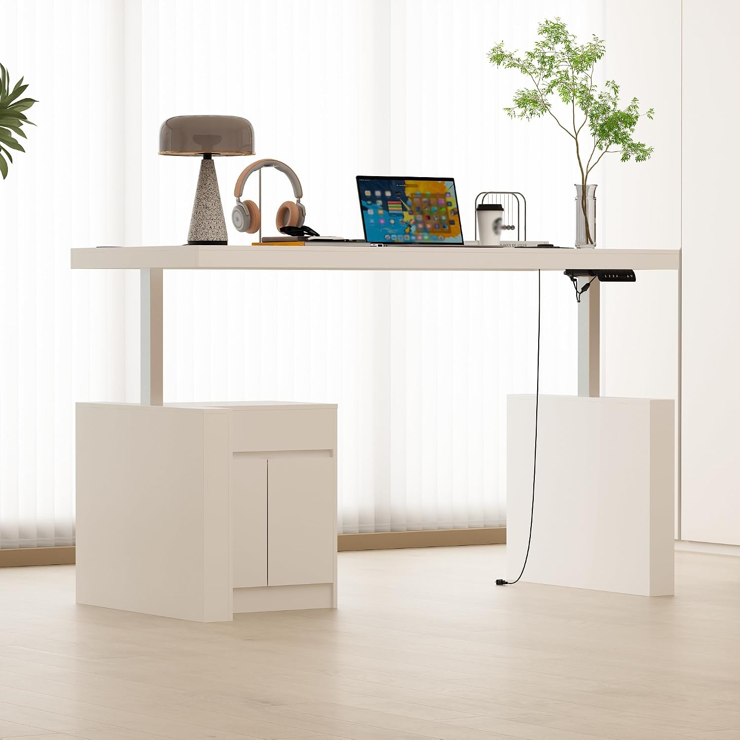 70.9' W Height Adjustable Standing Desk with Drawers & Cabinet, Electric Stand up Desk with Storage, I Shaped Home Office Table Corner Computer Workstation, White (29.5'-44.1' H)