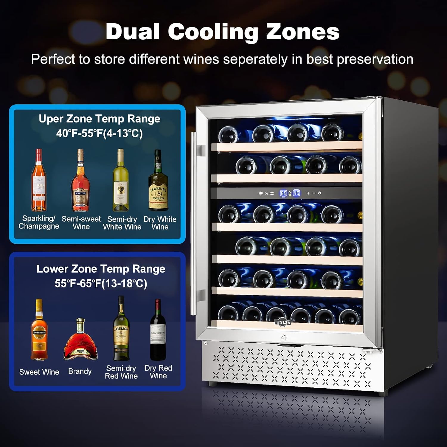 Tylza 24'' Wine Fridge, Dual Zone Wine Refrigerator, 54 Bottles, Lock, Glass Door, Built-in Compressor, 6 Adjustable Shelves, Undercounter or Freestanding, Wine Cooler Refrigerator for Home Bar Office
