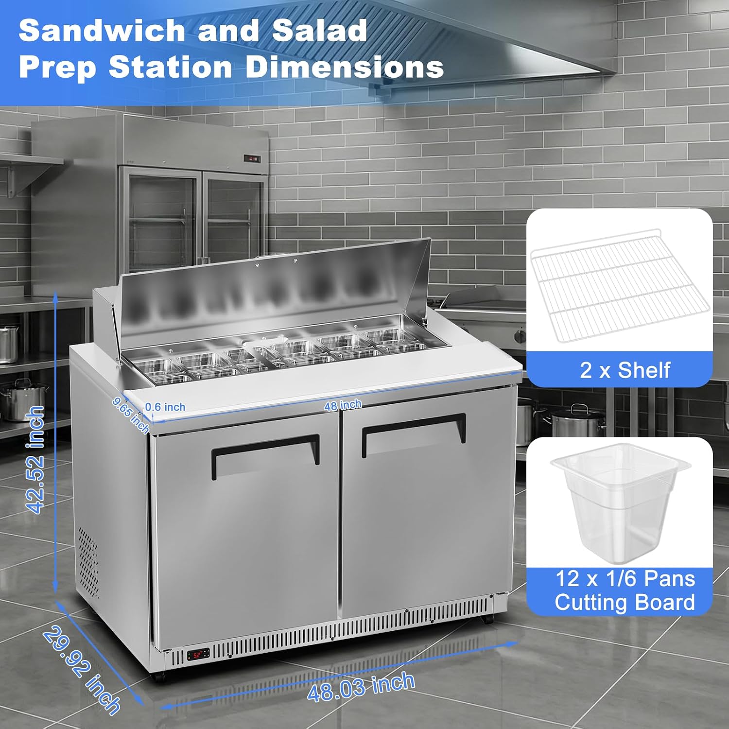 Tylza 48' Commercial Refrigerator, 12.7 Cu.Ft Sandwich Salad Prep Table, Mega Top Worktop Fridge w/ 12 Pans & Cutting Board, 2-Door Stainless Steel Salad Prep Cooler for Restaurant & Food Truck