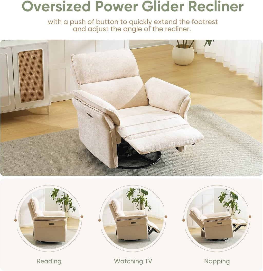 Power Swivel Rocker Recliner, Glider Recliner Nursery Chair with Massage and Heat, Nursery Rocking Chairs with Adjustable Headrest for Living Room，USB Ports,Side Pockets,Chenille Beige