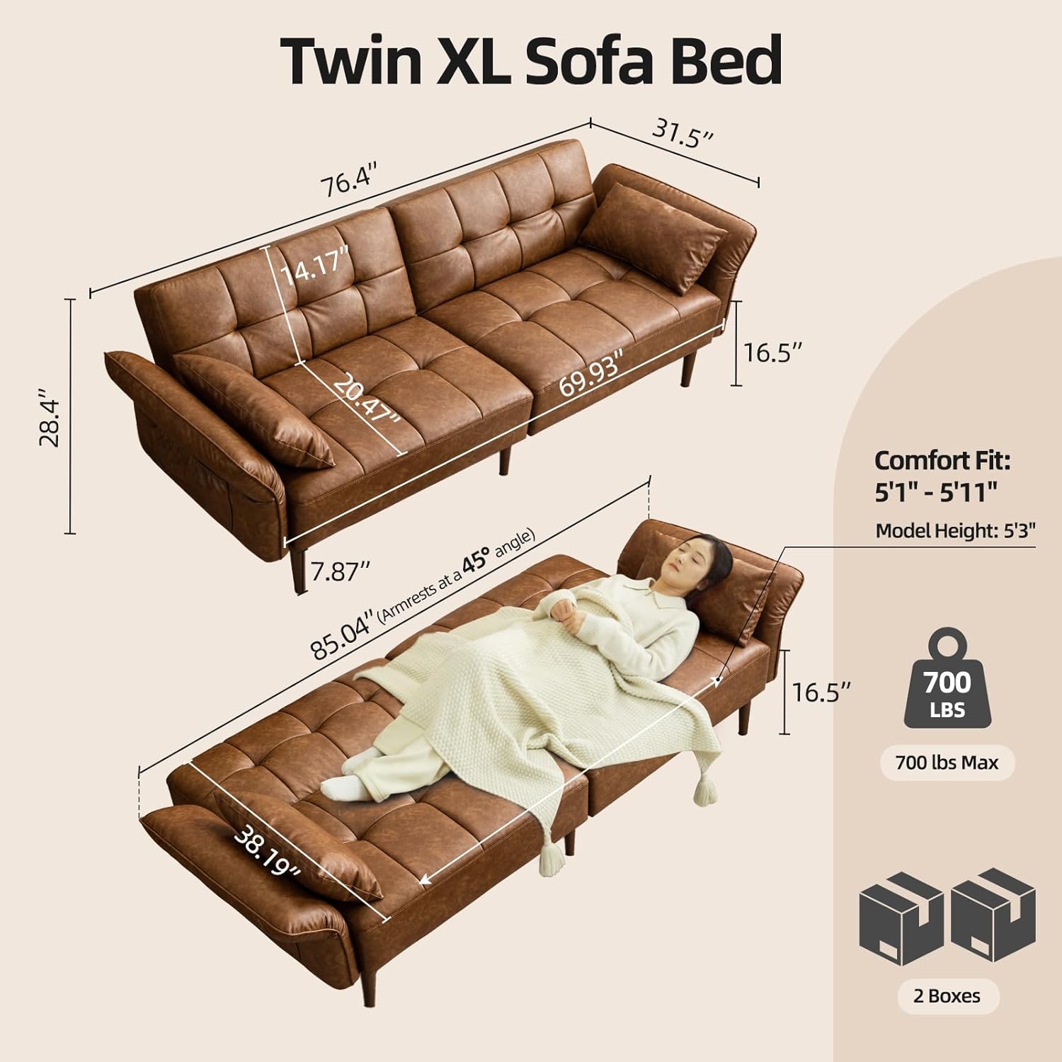 HALLYBEE 85' Futon Sofa Bed, Sleeper Sofa, Small Couch with Storage Adjustable Armrests Pillows, Faux Leather Loveseat, Mid Century Modern Couches for Living Room, Bedroom, Apartment, Brown