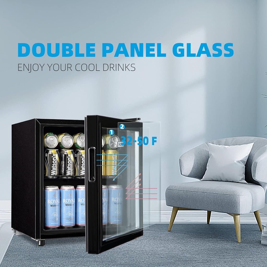 WANAI Mini Fridge Cooler 60Cans Beverage Refrigerator Glass Door Beverage Cooler for Beers Wine Juicer Adjustable Shelves LED Lights for Home, Office or Bar