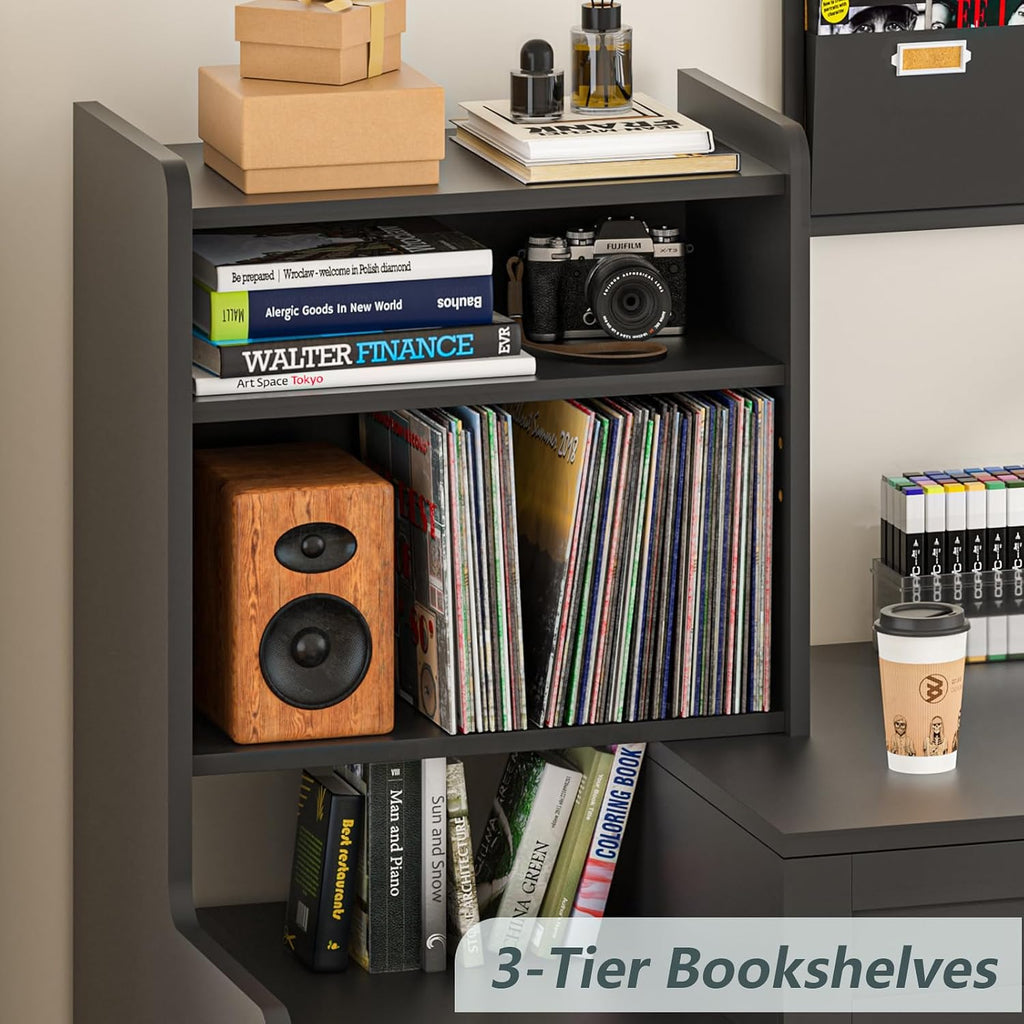 YOMILUVE 60' Computer Desk with 2 Drawer & Bookshelves, Home Office Desk with Storage Cabinet & Spacious Desktop, Writing Gaming Study Table with Bookcase, Black