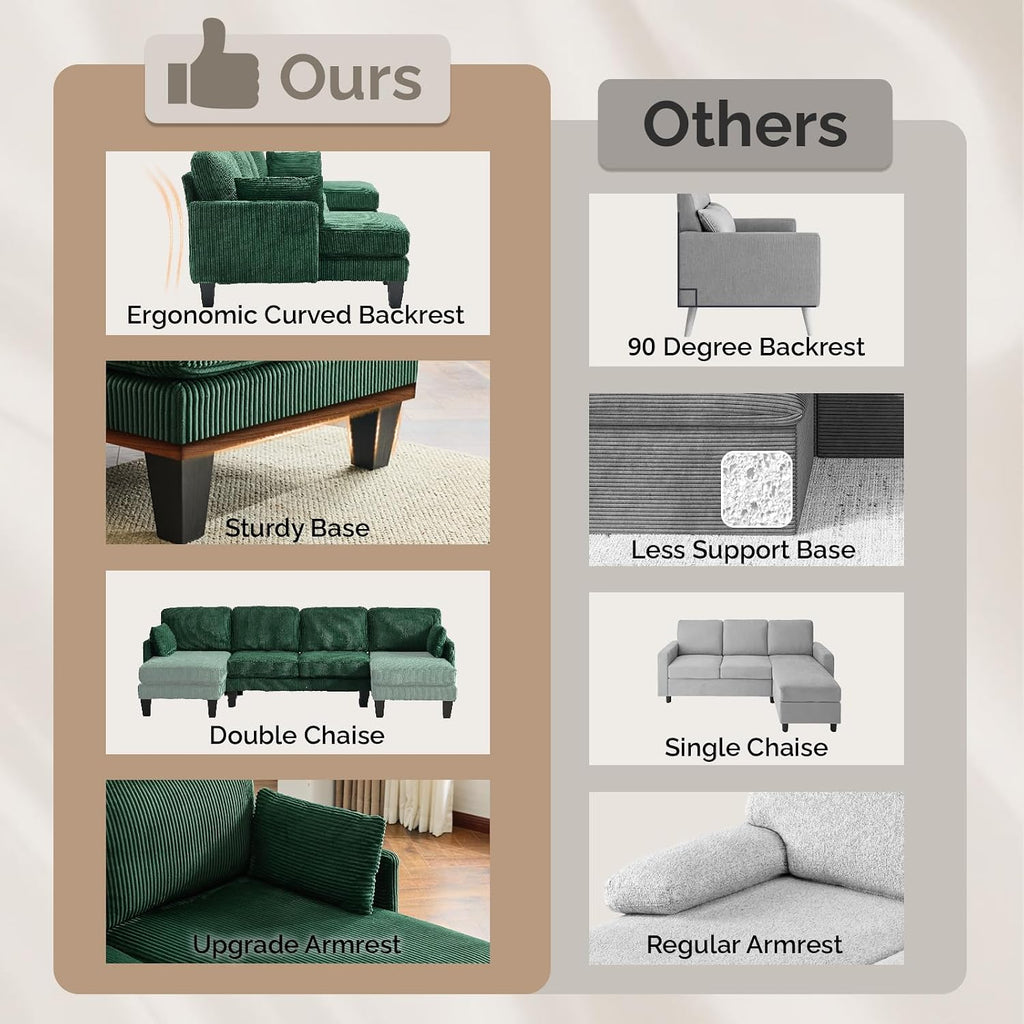 VINGLI 108' W U-Shaped Sectional Couches for Living Room, Sturdy Wooden Armrest Corduroy Cloud Couch with Double Chaise, High Support Modern 4-Seat Sectional Sofa for Apartment, Offices, Dark Green
