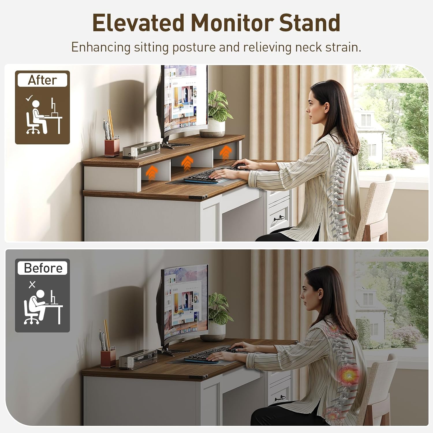 RALGEND 55'' Farmhouse Executive Desk with Drawers, Computer Desk with File Cabinet and Side Bookshelf, Writing Gaming Desk with Monitor Stand & Charging Station, White and Walnut