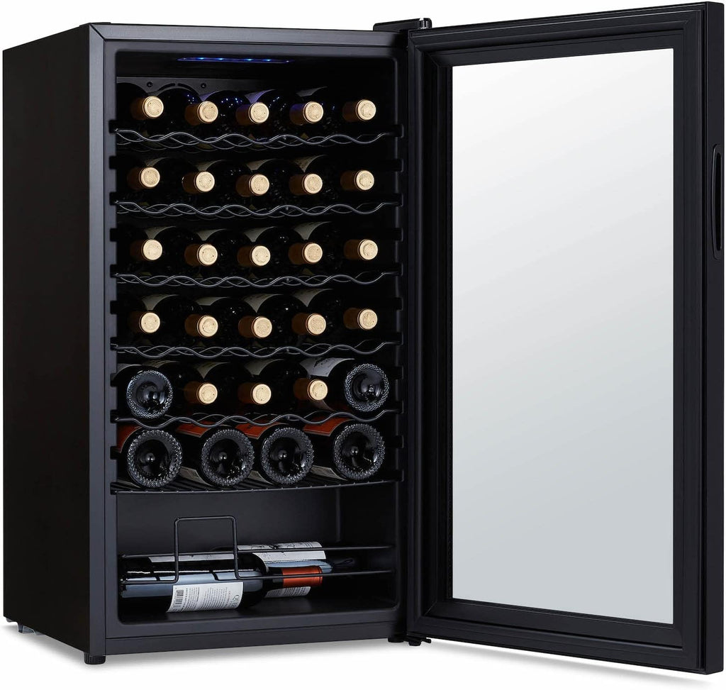 Newair 34 Bottle Wine Cooler Refrigerator | Shadow Series | Freestanding Mirrored Wine and Beverage Fridge with Double-Layer Tempered Glass Door & Compressor Cooling For Reds, Whites, & Sparkling Wine