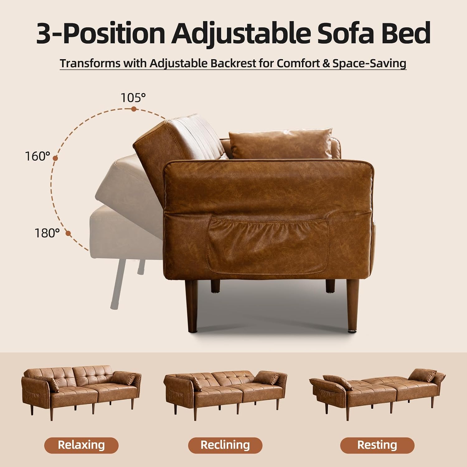 HALLYBEE 85' Futon Sofa Bed, Sleeper Sofa, Small Couch with Storage Adjustable Armrests Pillows, Faux Leather Loveseat, Mid Century Modern Couches for Living Room, Bedroom, Apartment, Brown