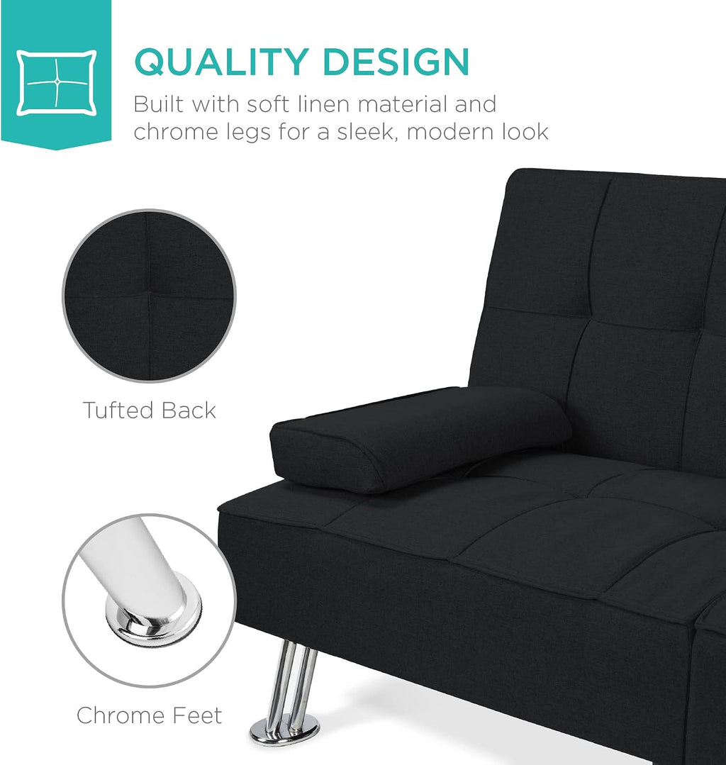 Best Choice Products Linen Modern Folding Futon, Reclining Sofa Bed for Apartment, Dorm w/Removable Armrests, 2 Cupholders - Black