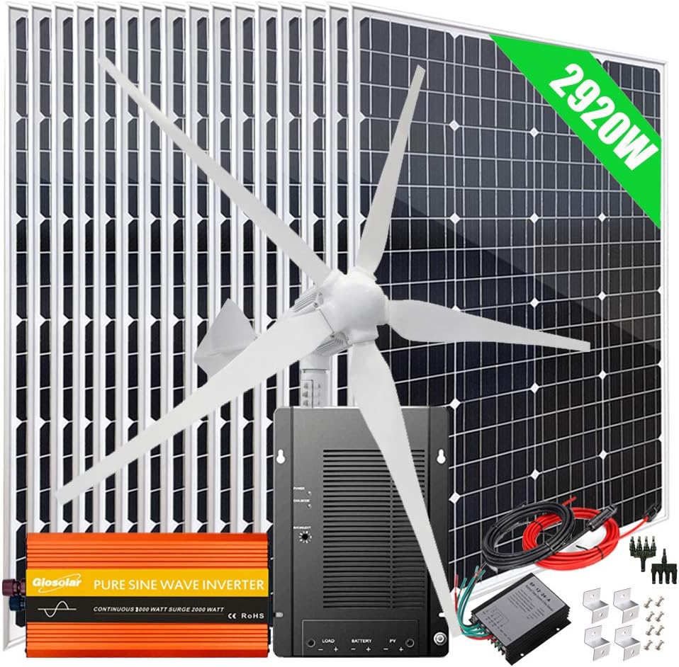 2920W Wind Solar Kit Off Grid System 48V Battery Charger :16x 120W Mono Solar Panel + 1000W Wind Turbine Generator + 40A MPPT Charge Controller + 3000W Inverter Peak 6000W