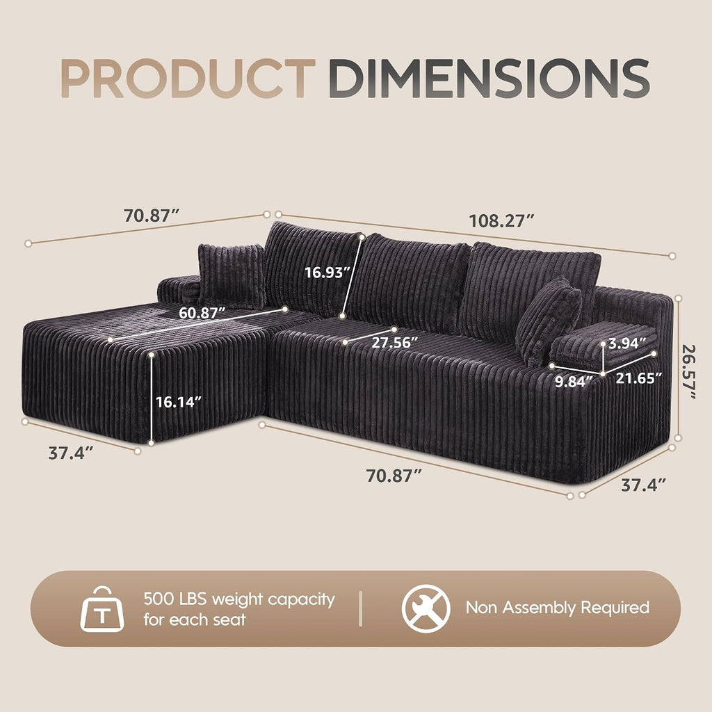 Hobestluk Modular Sectional Sofa Couches L-Shape Couch 3 Seat Modular Sofa Memory Foam Sectional Couches for Living Room, Cloud Couch with Oversized Chaise (108' Left Facing Chaise)