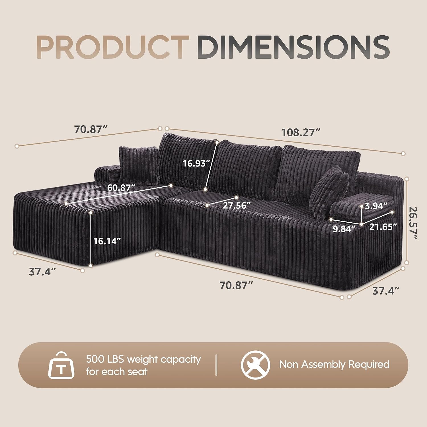 Hobestluk Modular Sectional Sofa Couches L-Shape Couch 3 Seat Modular Sofa Memory Foam Sectional Couches for Living Room, Cloud Couch with Oversized Chaise (108' Left Facing Chaise)
