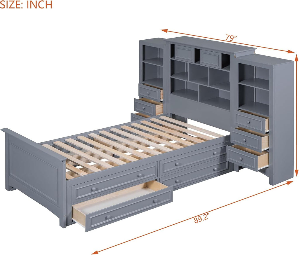 DNYN Twin Size Platform Bed with Storage Drawers(4+6) & Cabinet Headboard for Kids Bedroom,Solid Wood Bedframe w/Wood Slat Support,Super Save Space & No Box Spring Needed, Gray