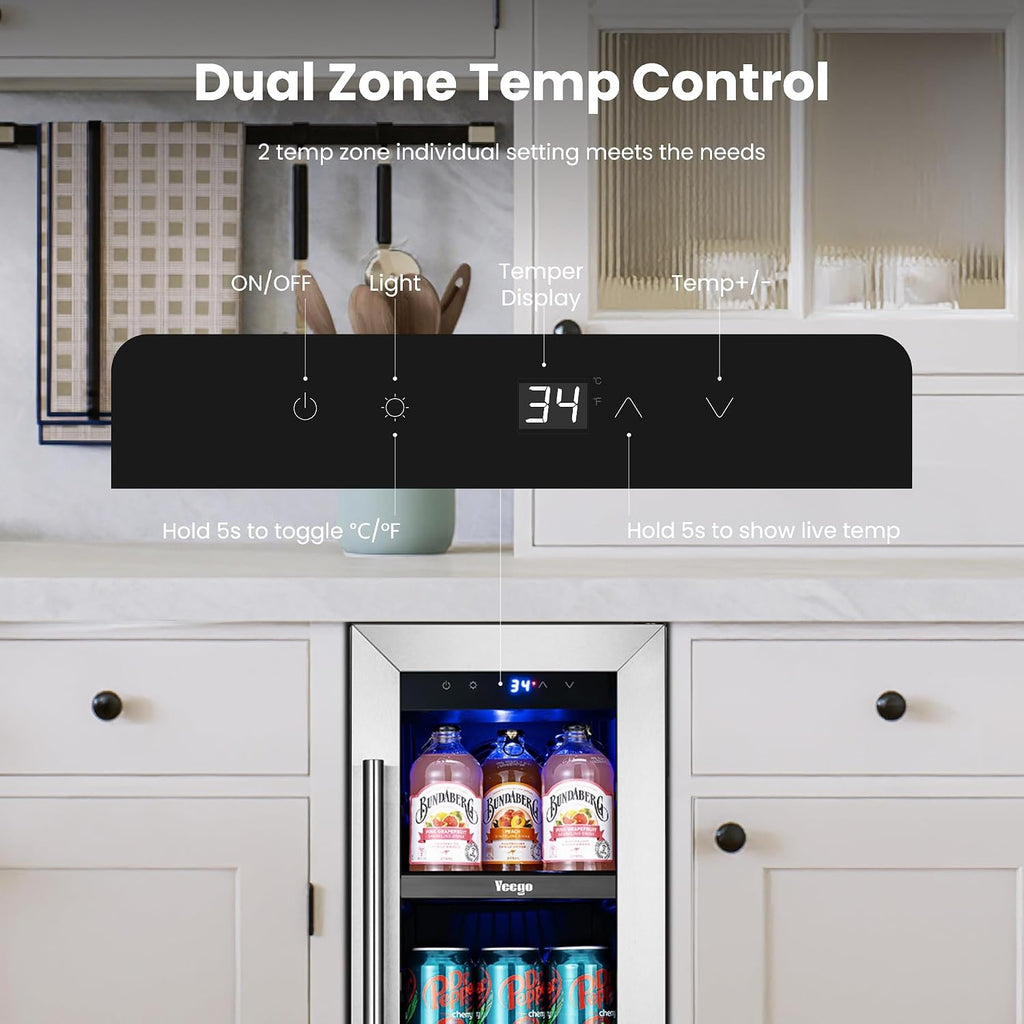 Yeego Beverage Refrigerator & Drink Fridge - 12 inch 60 Cans Beer Cooler Glass Door, 34-54℉ Under Counter Refrigerator Built-in for Drink Soda Wine for Bar Office Bedroom