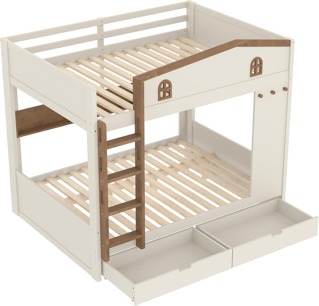 Queen Over Queen Bunk Bed with Trundle, Hooks and Storage Shelves, Solid Wood Bunk Beds for Kids Teens, Bedroom Space-Saving Furniture (Beige+Natural/T)