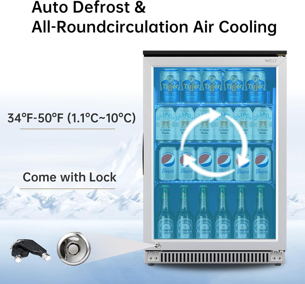 Weili 20 Inch Built in Beverage Refrigerator with Lock, Under Counter or Freestanding 120 Can Soda Beer Drink Cooler Fridge with Stainless Steel and Glass Door