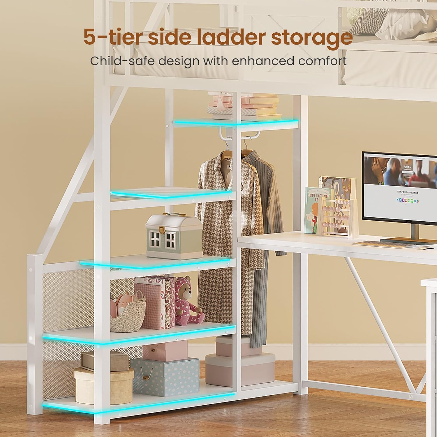 Itaar Stairway Twin Size Loft Bed with L Shaped Desk and Wardrobe, Metal Loft Bed Frame with Stairs, 3 Fabric Drawers, LED Lights & Charging Sation, No Noise & No Box Spring Needed, White