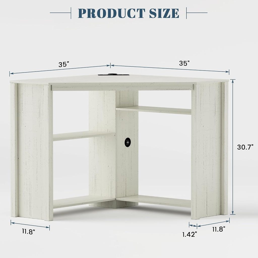 Corner Desk with Charging Station & LED Light, Triangle Computer Desk for Small Spaces with Storage Shelves & CPU Stand, Space Saving Writing & Makeup Vanity Desk -White
