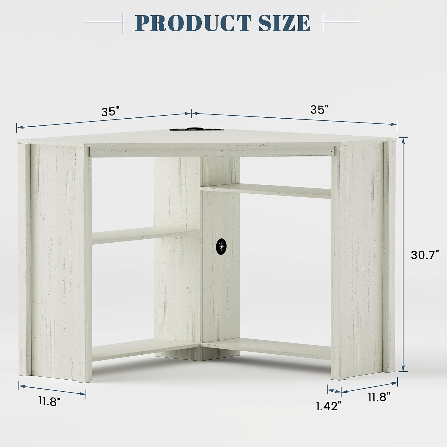 Corner Desk with Charging Station & LED Light, Triangle Computer Desk for Small Spaces with Storage Shelves & CPU Stand, Space Saving Writing & Makeup Vanity Desk -White